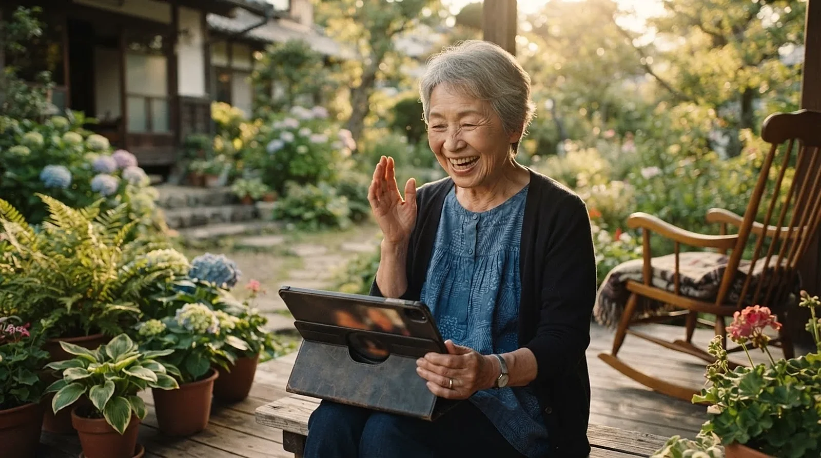An older woman laughing on a video call on her porch