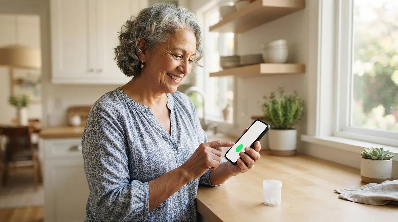 An older woman smiling as she taps a large button on her phone