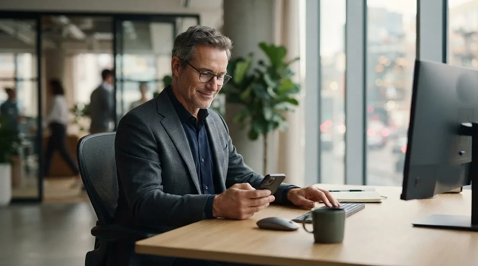 A man at his office desk smiling at his phone